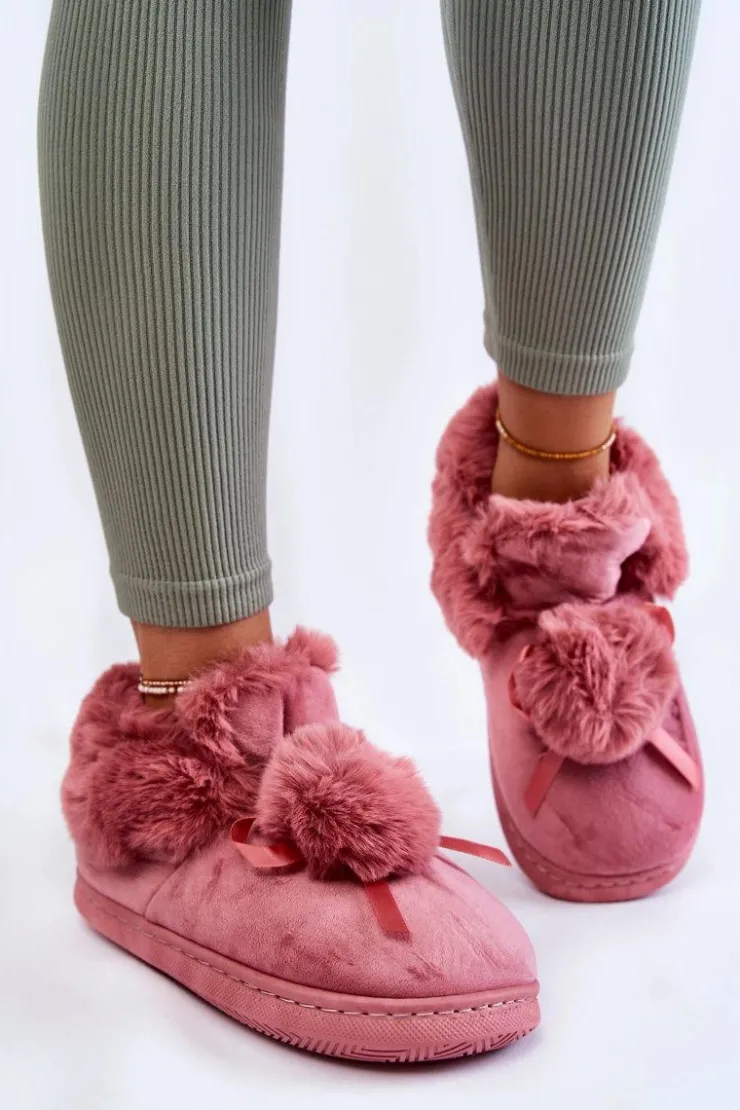 Boto Damskie Wsuwane Futrzane Papcie Z Pomponem Różowe Noemi