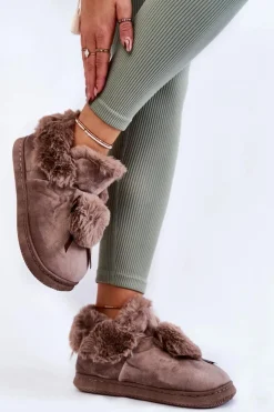 Damskie Boto Damskie Wsuwane Futrzane Papcie Z Pomponem Brązowe Noemi