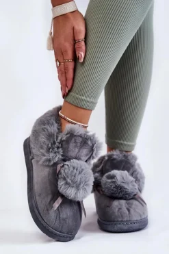 Boto Kapcie Klasyczne*Damskie Wsuwane Futrzane Papcie Z Pomponem Szare Noemi