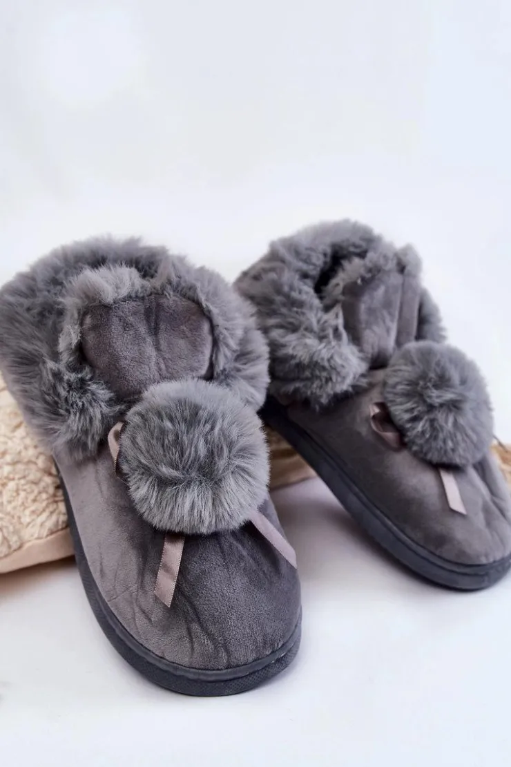 Boto Kapcie Klasyczne*Damskie Wsuwane Futrzane Papcie Z Pomponem Szare Noemi
