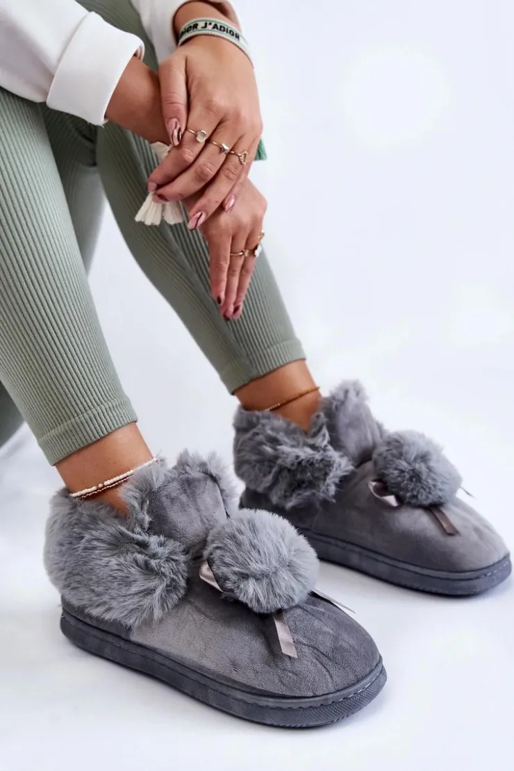 Boto Kapcie Klasyczne*Damskie Wsuwane Futrzane Papcie Z Pomponem Szare Noemi