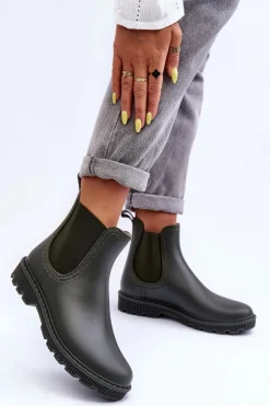 Boto Kalosze Damskie|Botki Płaskie*Damskie Wsuwane Matowe Kalosze Ciemnozielone Helinca