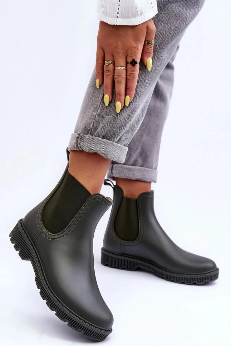 Boto Kalosze Damskie|Botki Płaskie*Damskie Wsuwane Matowe Kalosze Ciemnozielone Helinca