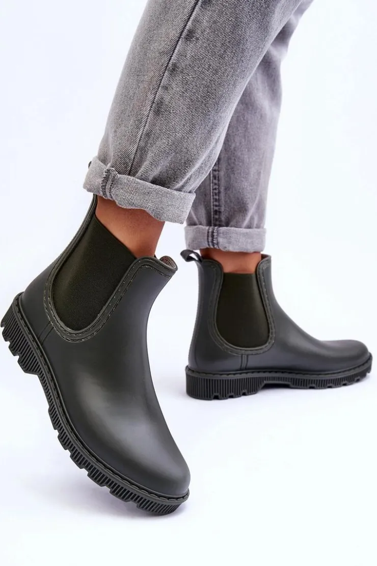 Boto Kalosze Damskie|Botki Płaskie*Damskie Wsuwane Matowe Kalosze Ciemnozielone Helinca