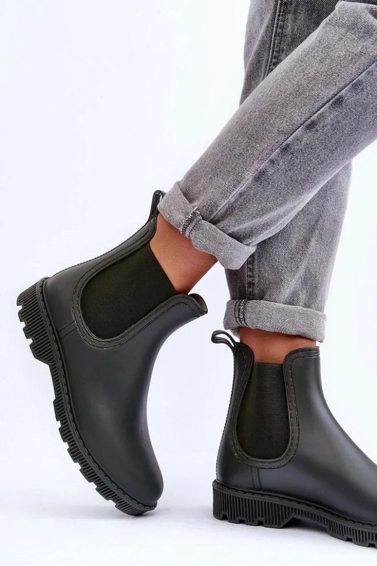 Boto Kalosze Damskie|Botki Płaskie*Damskie Wsuwane Matowe Kalosze Ciemnozielone Helinca