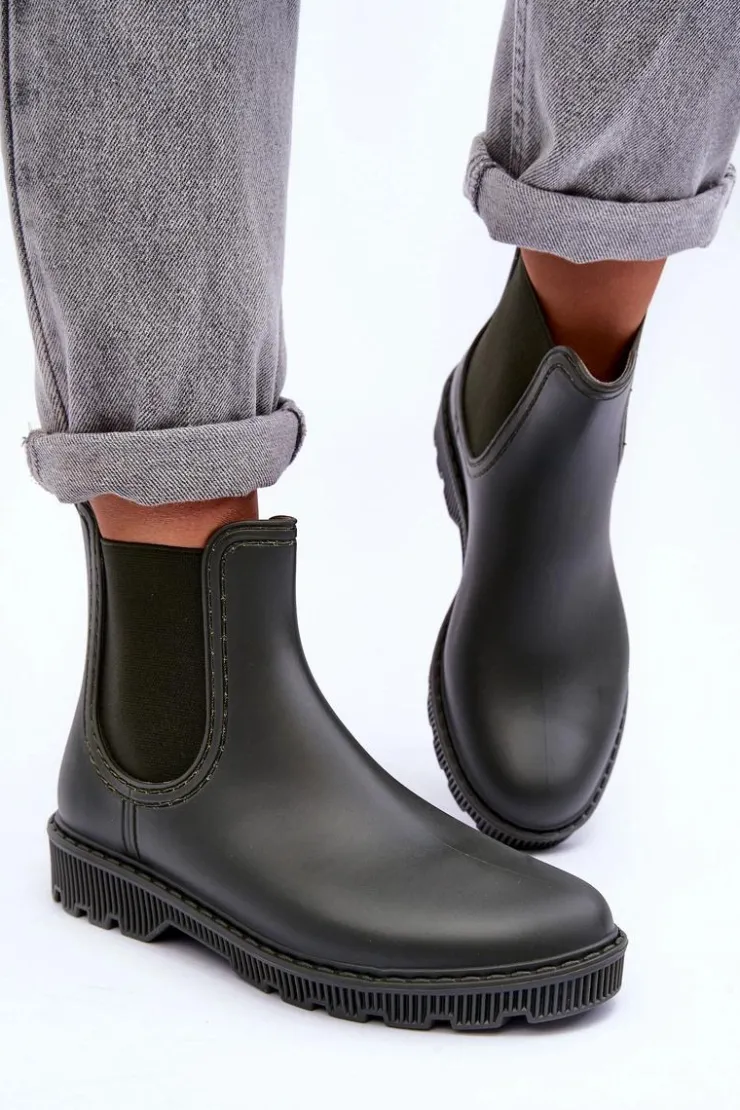 Boto Kalosze Damskie|Botki Płaskie*Damskie Wsuwane Matowe Kalosze Ciemnozielone Helinca