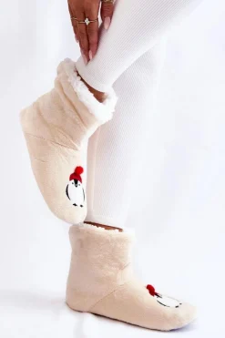 Hot Aura.via Damskie Wsuwane Ocieplane Papcie Z Pingwinami Kremowe