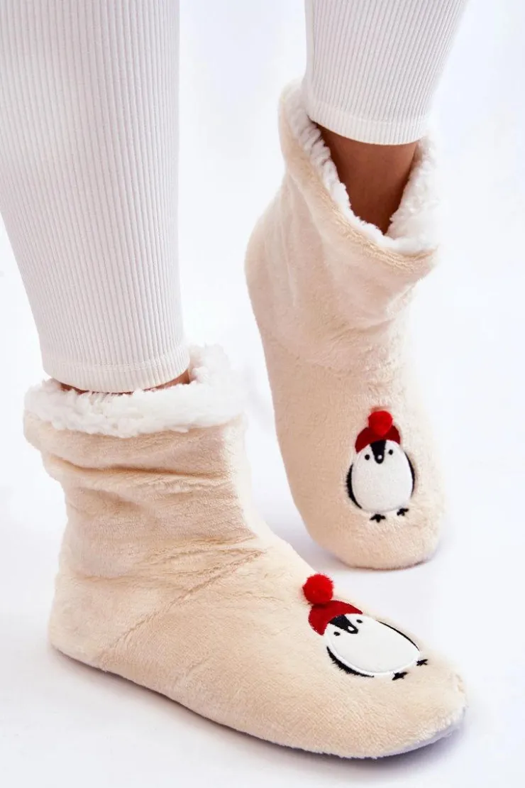 Hot Aura.via Damskie Wsuwane Ocieplane Papcie Z Pingwinami Kremowe