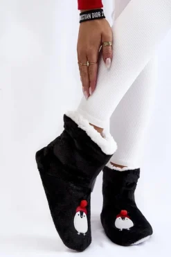 Damskie Aura.via Damskie Wsuwane Ocieplane Papcie Z Pingwinami Czarne