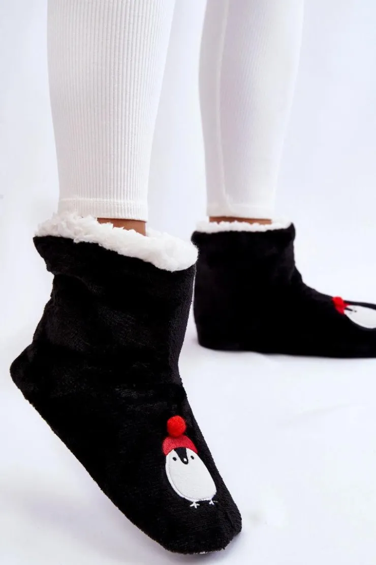 Damskie Aura.via Damskie Wsuwane Ocieplane Papcie Z Pingwinami Czarne