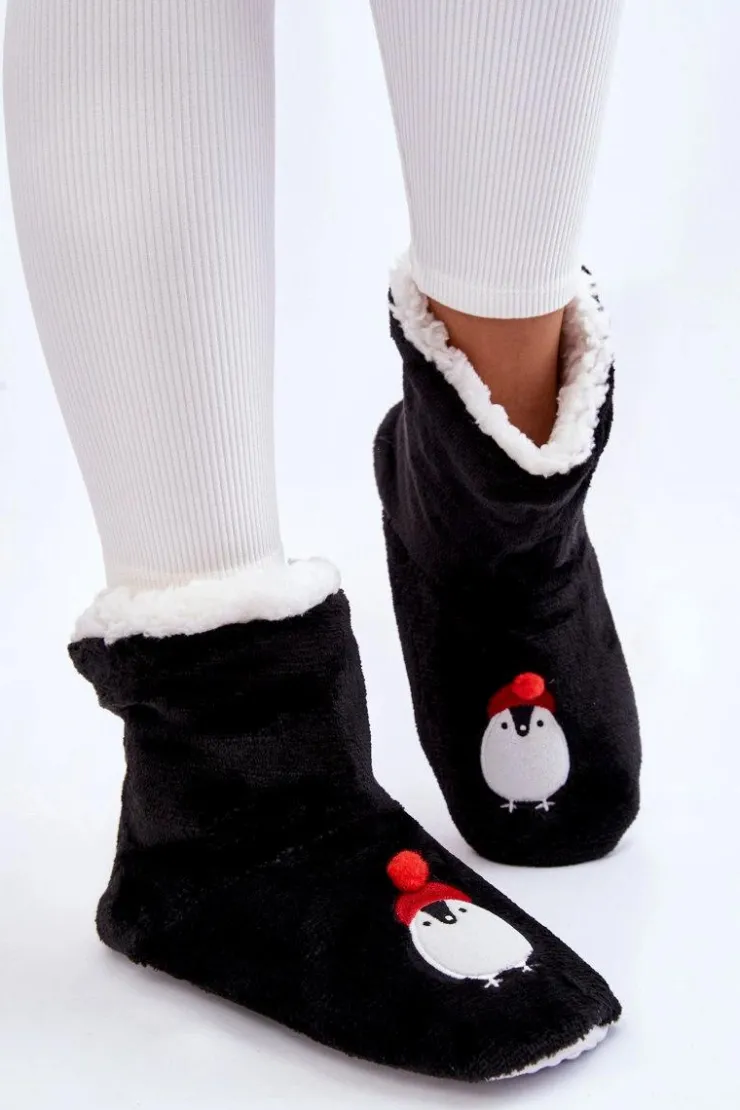 Damskie Aura.via Damskie Wsuwane Ocieplane Papcie Z Pingwinami Czarne