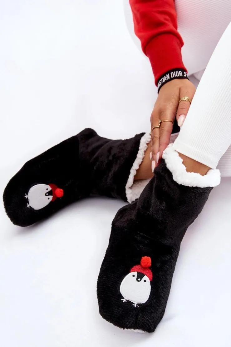 Damskie Aura.via Damskie Wsuwane Ocieplane Papcie Z Pingwinami Czarne