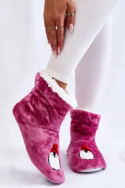 Aura.via Kapcie Klasyczne*Damskie Wsuwane Ocieplane Papcie Z Pingwinami Fioletowe