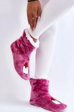 Aura.via Kapcie Klasyczne*Damskie Wsuwane Ocieplane Papcie Z Pingwinami Fioletowe