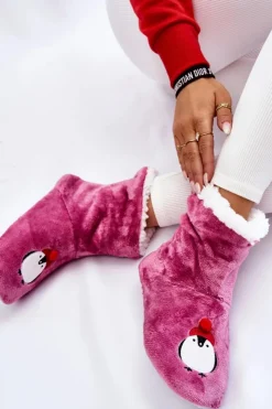 Aura.via Kapcie Klasyczne*Damskie Wsuwane Ocieplane Papcie Z Pingwinami Fioletowe