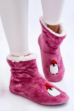 Aura.via Kapcie Klasyczne*Damskie Wsuwane Ocieplane Papcie Z Pingwinami Fioletowe