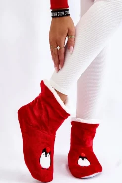 Damskie Aura.via Damskie Wsuwane Ocieplane Papcie Z Pingwinami Czerwone