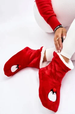 Damskie Aura.via Damskie Wsuwane Ocieplane Papcie Z Pingwinami Czerwone