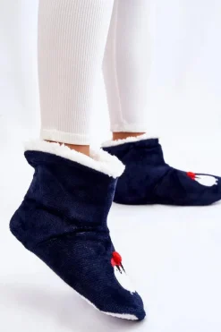 Aura.via Kapcie Klasyczne*Damskie Wsuwane Ocieplane Papcie Z Pingwinami Granatowe