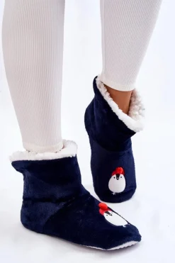 Aura.via Kapcie Klasyczne*Damskie Wsuwane Ocieplane Papcie Z Pingwinami Granatowe