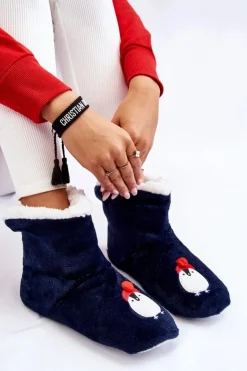 Aura.via Kapcie Klasyczne*Damskie Wsuwane Ocieplane Papcie Z Pingwinami Granatowe