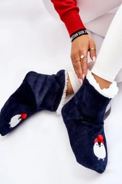 Aura.via Kapcie Klasyczne*Damskie Wsuwane Ocieplane Papcie Z Pingwinami Granatowe