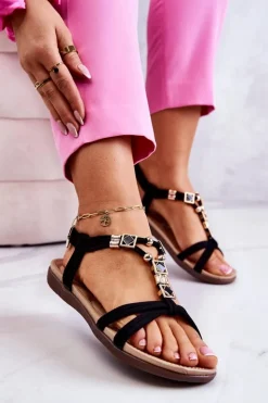 Clearance Boto Damskie Wsuwane Sandały Z Ozdobą Czarne Salinna