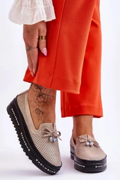 Sale Damskie buty S.Barski Damskie Wsuwane Skórzane Trampki Błyszczące Złote Raven