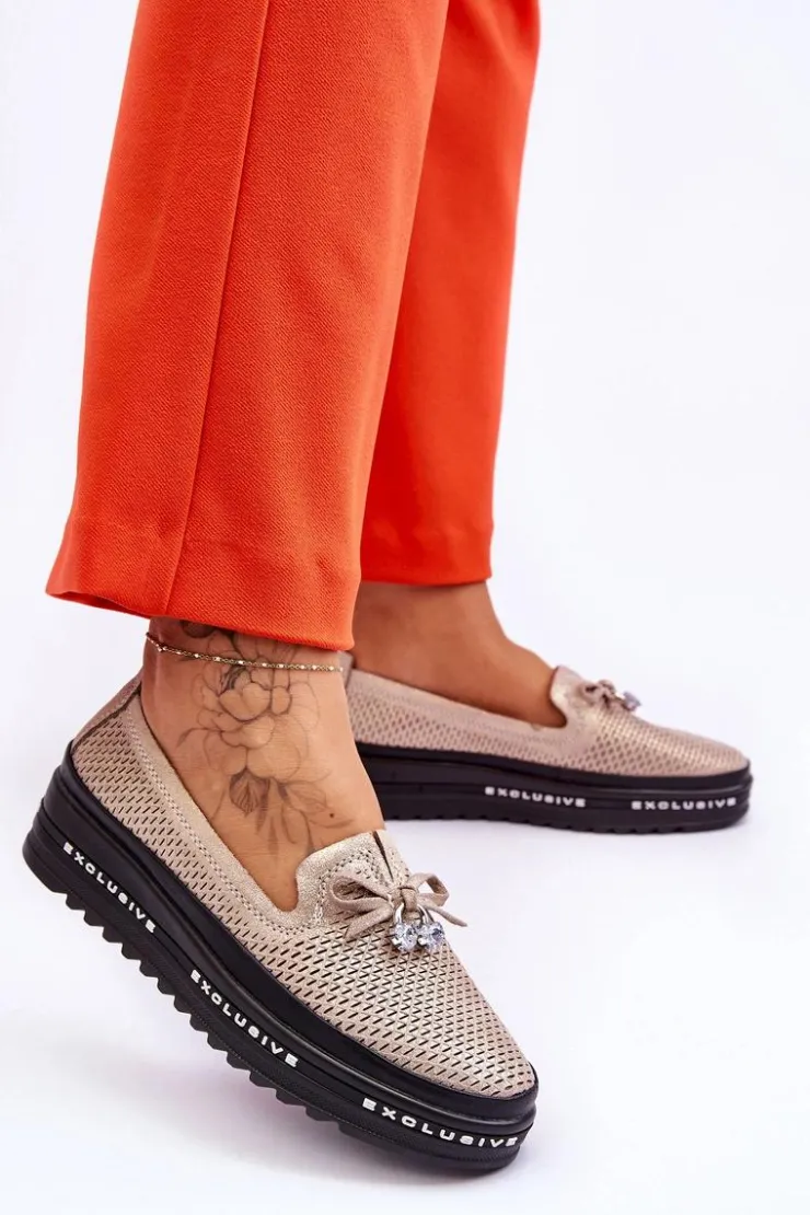 Sale Damskie buty S.Barski Damskie Wsuwane Skórzane Trampki Błyszczące Złote Raven