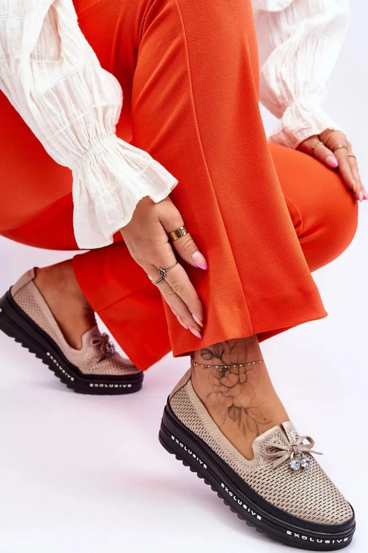 Sale Damskie buty S.Barski Damskie Wsuwane Skórzane Trampki Błyszczące Złote Raven