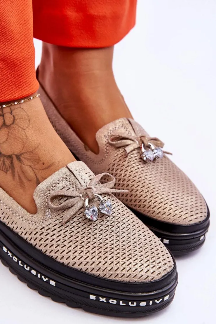 Sale Damskie buty S.Barski Damskie Wsuwane Skórzane Trampki Błyszczące Złote Raven