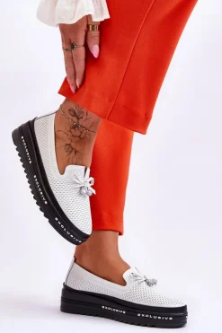 Damskie Damskie buty S.Barski Damskie Wsuwane Skórzane Trampki Białe Raven