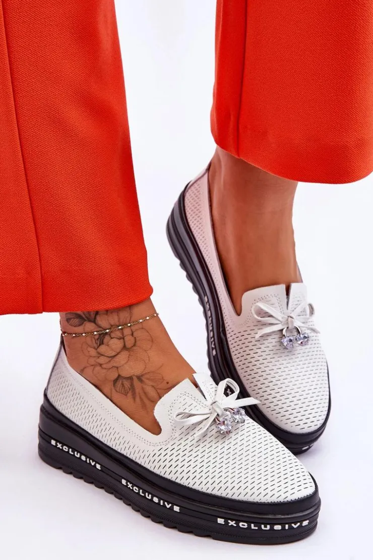 Damskie Damskie buty S.Barski Damskie Wsuwane Skórzane Trampki Białe Raven