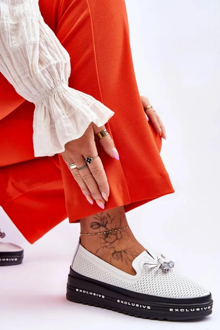 Damskie Damskie buty S.Barski Damskie Wsuwane Skórzane Trampki Białe Raven