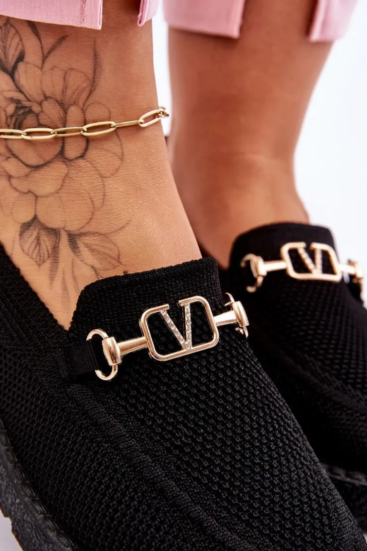 Outlet Boto Damskie Wsuwane Tenisówki Slip-On Z Ozdobą Czarne Alena