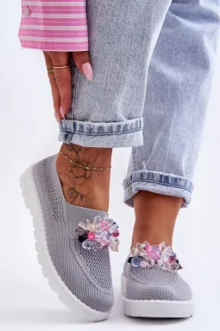 Clearance Boto Damskie Wsuwane Tenisówki Z Kamieniami Szare Simple