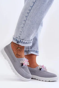 Clearance Boto Damskie Wsuwane Tenisówki Z Kamieniami Szare Simple