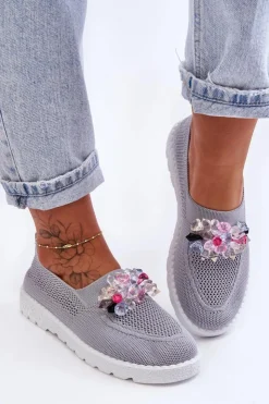 Clearance Boto Damskie Wsuwane Tenisówki Z Kamieniami Szare Simple