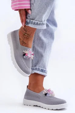 Clearance Boto Damskie Wsuwane Tenisówki Z Kamieniami Szare Simple