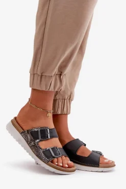 INBLU Klapki Damskie Klasyczne*Damskie Wygodne Klapki Z Klamrami CN000033 Czarne Czarny