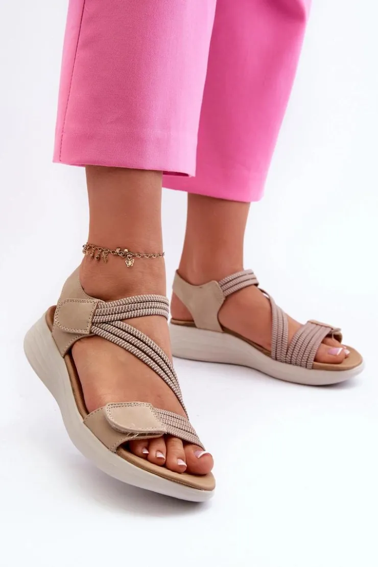 Evento Sandały Płaskie*Damskie Wygodne Sandały Na Rzep Beżowe Eladora
