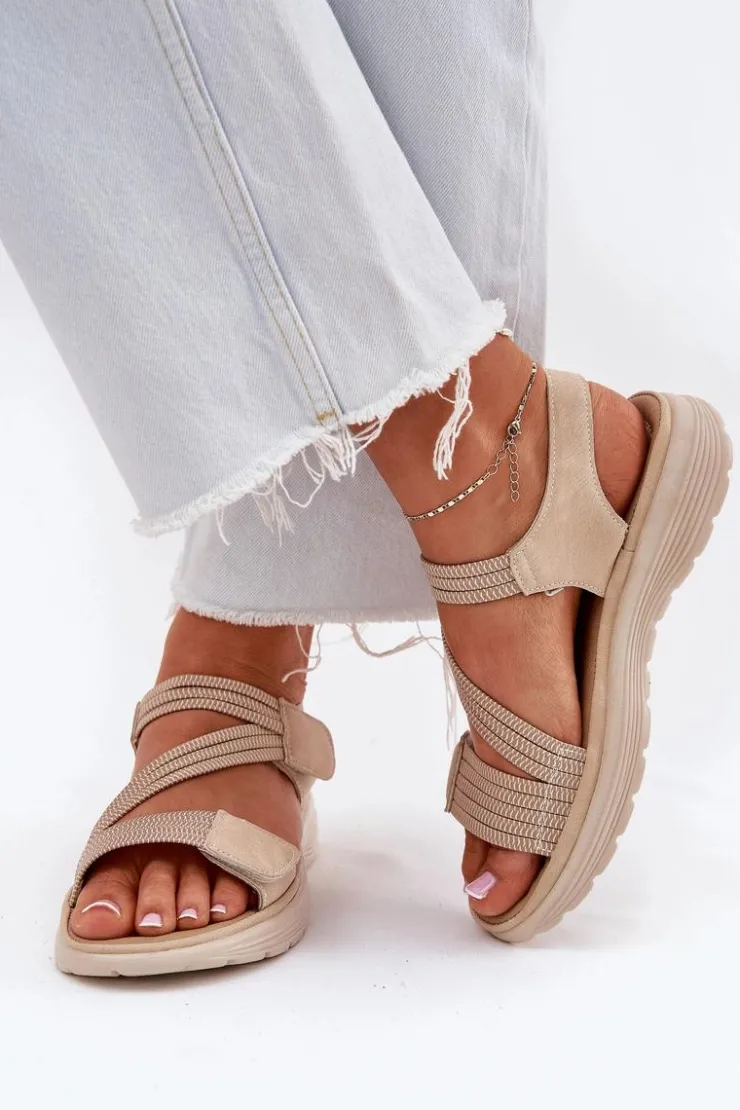 Hot Evento Damskie Wygodne Sandały Na Rzep Beżowe Hallriva