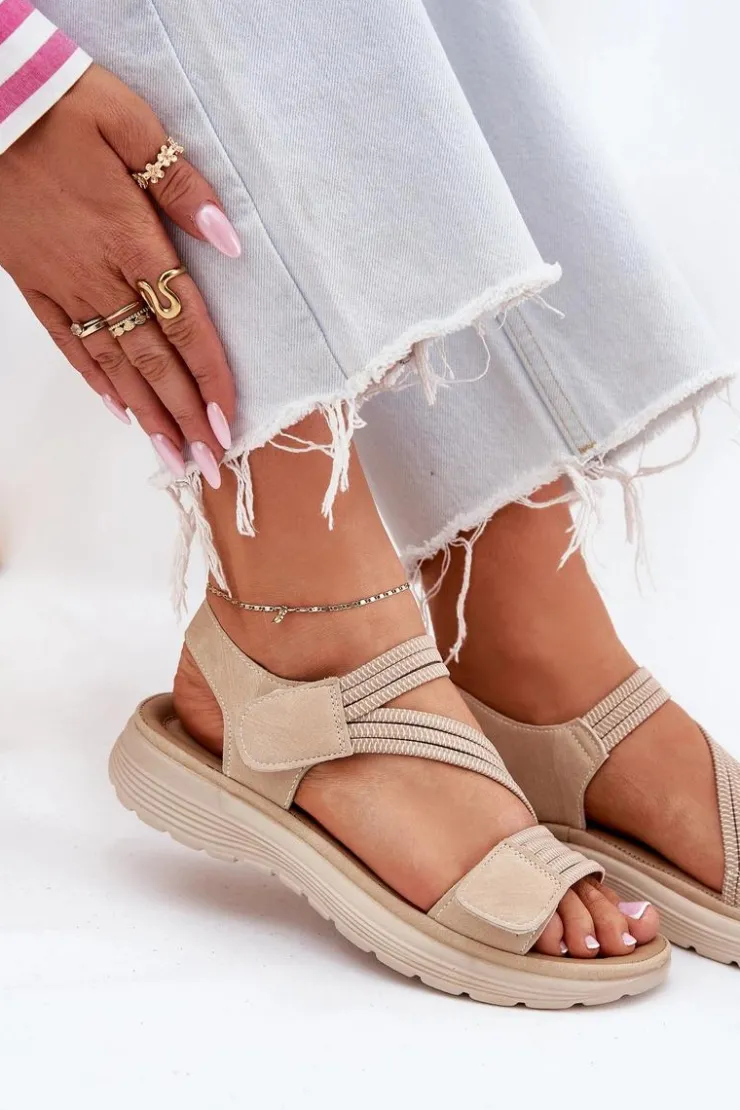 Hot Evento Damskie Wygodne Sandały Na Rzep Beżowe Hallriva