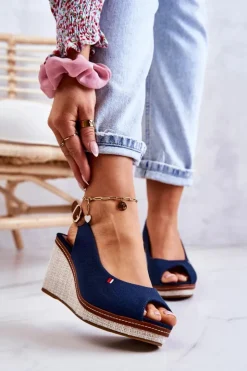 Damskie Boto Damskie Wygodne Sandały Na Koturnie Granatowe Thallas