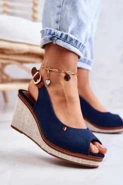 Damskie Boto Damskie Wygodne Sandały Na Koturnie Granatowe Thallas