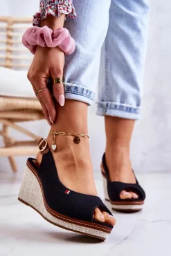 Boto Sandały Na Koturnie*Damskie Wygodne Sandały Na Koturnie Czarne Thallas