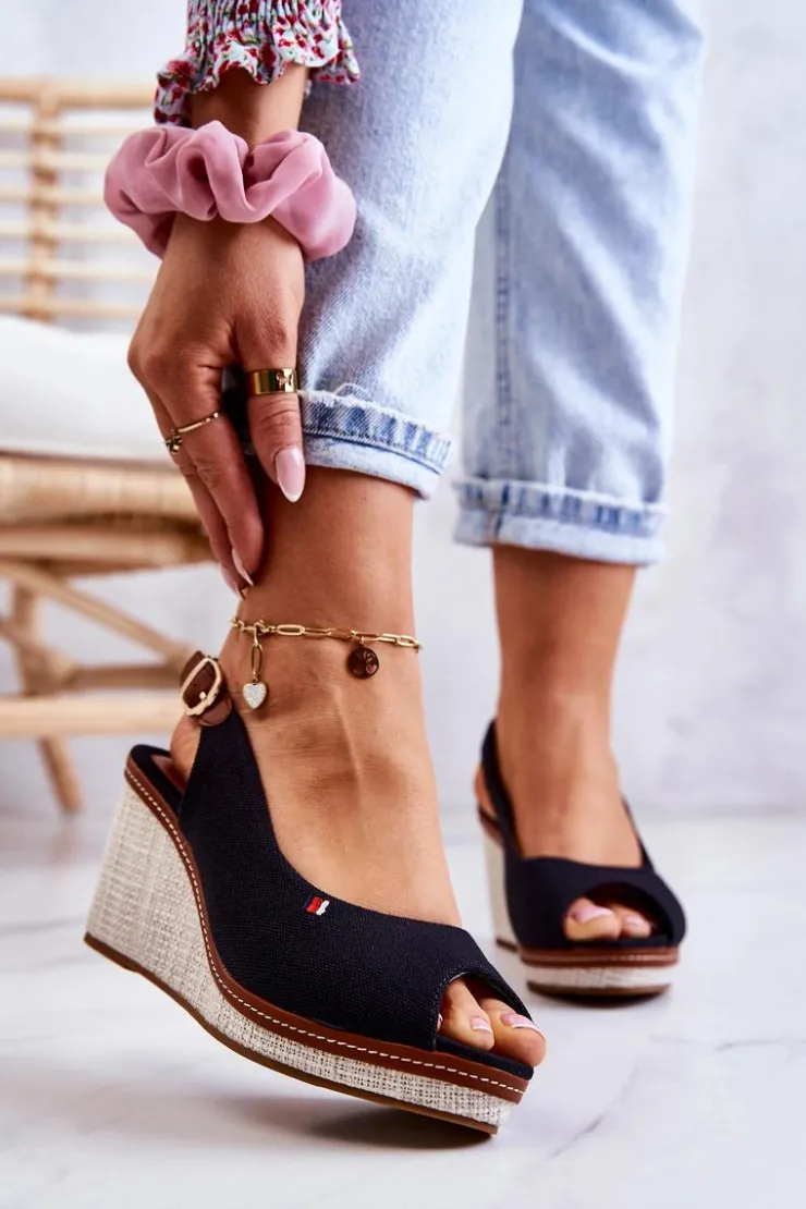 Boto Sandały Na Koturnie*Damskie Wygodne Sandały Na Koturnie Czarne Thallas