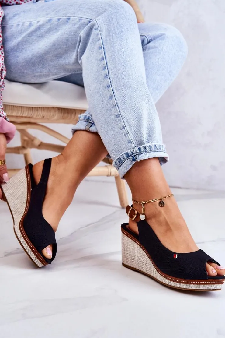 Boto Sandały Na Koturnie*Damskie Wygodne Sandały Na Koturnie Czarne Thallas