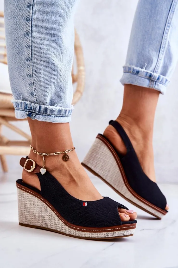 Boto Sandały Na Koturnie*Damskie Wygodne Sandały Na Koturnie Czarne Thallas