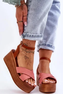 Damskie Boto Damskie Wygodne Sandały Na Koturnie Brązowo-Różowe Laurie